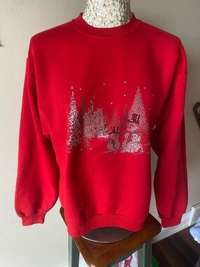 Granny Core Red Crewneck With Winter Bedazzled scene